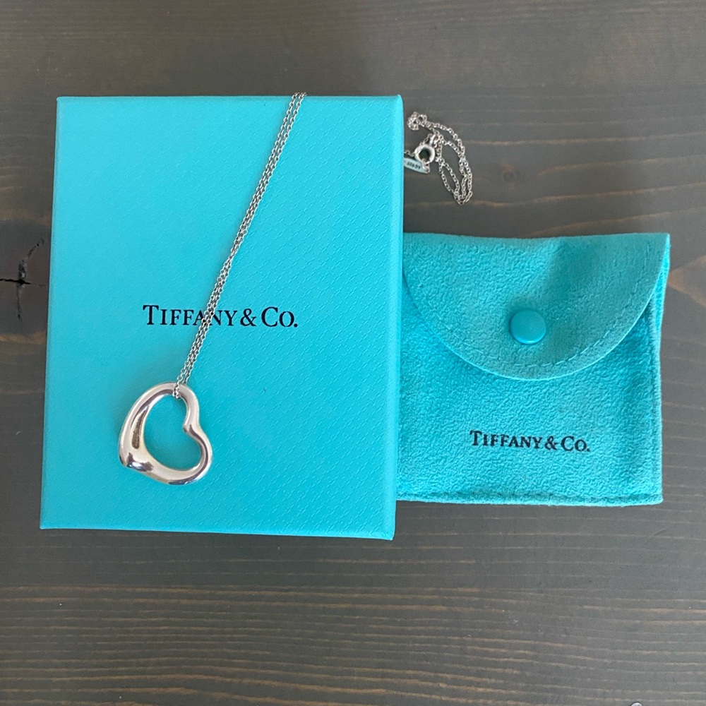 Tiffany & Co. Sterling Silver Open Heart Necklace with Blue Pouch and box
